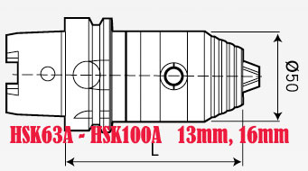 Kích thước đầu khoan 16mm, 13mm kiểu HSK63A HSK100A